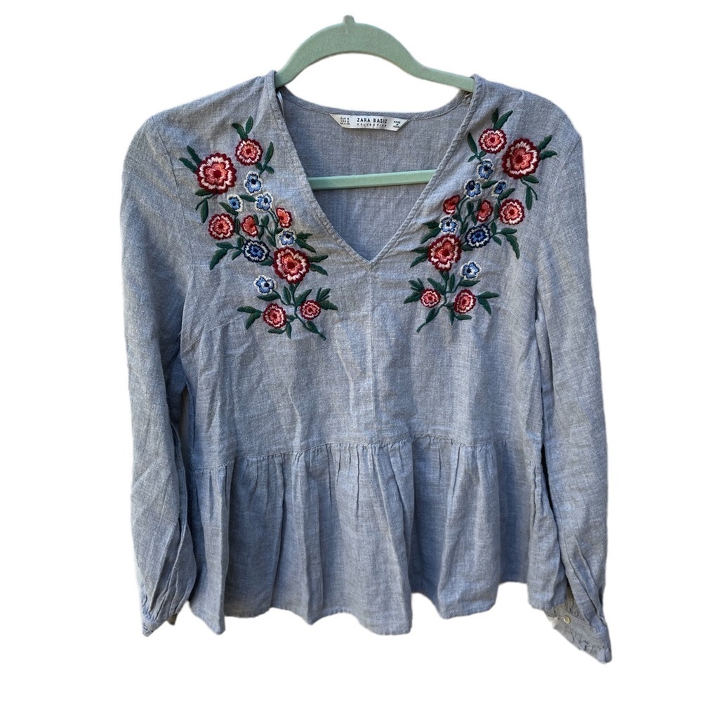 ZARA FLORAL EMBROIDERED PEASANT TOP